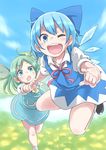  absurdres blue_eyes blue_hair blue_skirt blue_sky bow cirno cloud daiyousei day fairy_wings green_eyes green_hair hair_bow hair_ribbon highres ice ice_wings long_hair looking_at_viewer multiple_girls one_eye_closed open_mouth puffy_sleeves pulling ribbon shirt short_hair short_sleeves side_ponytail skirt sky smile touhou wings wrist_grab zk_(zk_gundan) 