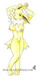  anthrofied breasts eeveelution female jolteon looking_at_viewer nintendo nipples nude pinup pitch-black-crow plain_background pok&#233;mon pok&#233;morph pok&eacute;mon pose pussy solo video_games watermark white_background yellow_body 