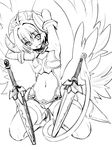  1girl arcana_trust armor armpits blush cameltoe demon_horns demon_tail elbow_gloves fang flat_chest gloves greyscale horns kneeling looking_at_viewer monochrome navel sasayuki shinrabanshou short_hair smile solo sword tail thighhighs weapon wings 