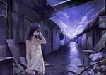  bad_id bad_pixiv_id blue_eyes blue_hair breasts crying dress hand_on_own_head house khj long_hair medium_breasts night original ruins solo standing tears water 