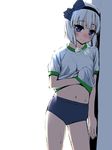  alternate_costume black_hairband blue_eyes blush bow breath buruma gym_uniform hair_bow hairband hand_under_clothes hand_under_shirt heavy_breathing hitodama konpaku_youmu konpaku_youmu_(ghost) looking_at_viewer navel sasayuki shirt shirt_lift short_hair silver_hair smile solo sweat touhou white_hair 