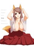  1girl animal_ears areola_slip areolae arms_up breasts brown_eyes brown_hair cleavage female fox_ears fox_tail huge_breasts long_hair maou_(maoyuu) maoyuu_maou_yuusha mnjs open_mouth tail 