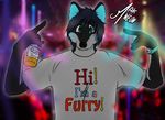  blue_eyes blue_fur canine clothing drink english_text fur mammal rave shirt solo stating_the_obvious text watch wolf 