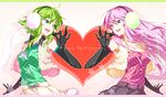  blue_eyes breasts cleavage elbow_gloves gloves green_eyes green_hair gumi happy_synthesizer_(vocaloid) headphones headset heart hong_(white_spider) long_hair medium_breasts megurine_luka multiple_girls pink_hair short_hair smile vest vocaloid 