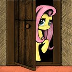  colored cute door equine female feral fluttershy_(mlp) friendship_is_magic hair horse innocent looking_at_viewer mammal my_little_pony one_leg_up peeking pony rainbow_(artist) solo traditional_media 