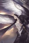  black_hair closed_eyes feathered_wings from_side hair_ornament highres large_wings multiple_wings original profile ray_(shenchunhui) realistic signature solo wings 