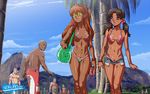  6+boys alcohol alternate_skin_color areola_slip areolae bag bald beer bikini blonde_hair blue_eyes bracelet breasts brown_eyes brown_hair can dark_skin day freckles hair_bobbles hair_ornament horaki_hikari jewelry lips long_hair looking_back micro_bikini multiple_boys multiple_girls nail_polish navel neon_genesis_evangelion nipple_piercing orange_hair palm_tree piercing short_shorts shorts sky souryuu_asuka_langley sunglasses swimsuit tan tanline tekuho_no_habo topless tree twintails watermark web_address 