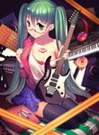  amplifier bespectacled earrings electric_guitar fiodo glasses green_eyes green_hair guitar hatsune_miku headphones highres ibanez instrument jewelry keyboard_(instrument) long_hair monkey_grip nail_polish seiza shiny shiny_skin sitting skindentation skirt solo tattoo twintails very_long_hair vocaloid 