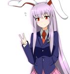  animal_ears arm_behind_back bad_id bad_pixiv_id blazer blue_jacket blush_stickers bunny_ears eyebrows_visible_through_hair flying_sweatdrops hinomaru_(futagun) jacket long_hair looking_at_viewer necktie pink_skirt purple_hair red_eyes red_neckwear reisen_udongein_inaba sidelocks simple_background skirt solo touhou upper_body v very_long_hair white_background 