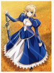  1girl absurdres blonde_hair caliburn dress fate/stay_night fate_(series) female field green_eyes highres official_art ponytail saber short_hair solo sword weapon 