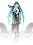  3d absurdres aqua_hair boots detached_sleeves hatsune_miku headset highres long_hair maeda_koutarou necktie red_eyes sitting skirt solo speaker thigh_boots thighhighs torn_clothes torn_legwear twintails very_long_hair vocaloid zettai_ryouiki 