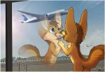 2018 aircraft airplane airport ambiguous_gender anthro aseethe brown_fur canine digital_media_(artwork) fennec fox fur inside looking_outside mammal nude open_mouth reflection semi-anthro solo standing teeth tongue window 