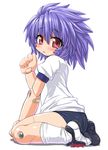  alternate_costume altines bad_id bad_pixiv_id bandaid bandaid_on_elbow blush buruma busou_shinki dd_(ijigendd) doll_joints gym_uniform messy_hair purple_hair red_eyes seiza short_hair sitting socks solo 