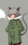  animal_ears blush casual coat contemporary grey_hair hands_in_pockets mouse_ears mouse_tail nazrin red_eyes sixxxx solo tail touhou winter_clothes 