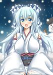  aqua_hair blue_eyes blush bow detached_sleeves hair_bow hasaya highres japanese_clothes kimono long_hair obi open_mouth original sash snow snowing snowman solo 