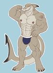  anthro beefcake biceps big_muscles bodybuilder bulge claws danny_(character) fangs fin fish flexing great_white_shark grey_skin grin huge_muscles jockstrap looking_at_viewer male marine muscles mutant_serpentina nipple_piercing nipples orange_eyes paws pecs piercing pose ripped scales shark smile solo standing tattoo teeth toe_claws toned topless underwear 