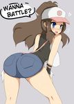  /\/\/\ 1girl ass bag bare_shoulders baseball_cap bent_over blue_eyes blush breasts brown_hair denim denim_shorts eyes hard_translated hat heart large_breasts long_hair looking_back open_mouth pokemon pokemon_(game) pokemon_bw ponytail ririfu short_shorts shorts smile solo sweat touko_(pokemon) translated wristband 