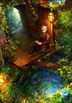  bird book door flower horns lamp leaf levon looking_at_viewer lulu_season male_focus pixiv_fantasia pixiv_fantasia_new_world plant sitting smile solo tree treehouse 