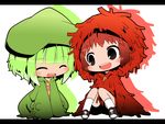  blush chibi closed_eyes gachapin green_hair hat hirake!_ponkikki hood letterboxed mukku multiple_girls open_mouth personification red_hair satsuki_mei_(sakuramochi) white_background 