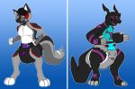  anthro black_sclera canine diaper diaper_transformation digimon digimon_(species) duo gradient_background guilmon heterochromia male mammal scalie scar simple_background transformation wolf xepher777 