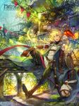  bag bird blonde_hair blue_eyes book boots cape flag helmet highres kyouka_hatori long_hair open_mouth parrot pixiv_fantasia pixiv_fantasia_new_world shield sitting sunlight sword weapon 