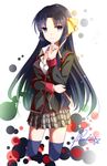  bad_id bad_pixiv_id black_hair black_legwear bow hair_bow hair_ornament hair_ribbon haori_iori kurugaya_yuiko little_busters! long_hair long_sleeves purple_eyes ribbon school_uniform solo thighhighs very_long_hair 