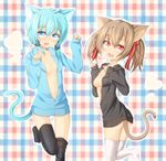  animal_ears bad_id bad_pixiv_id blue_eyes blue_hair brown_hair cat_ears cat_tail hood hoodie jacket multiple_girls naked_hoodie no_bra no_panties open_clothes open_hoodie paw_pose rateratte red_eyes short_hair silica silica_(sao-alo) sinon sinon_(sao-alo) sword_art_online tail thighhighs twintails 
