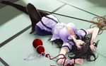  1girl black_hair breasts highres large_breasts long_hair looking_at_viewer lying maji_de_watashi_ni_koi_shinasai! musashibou_benkei purple_eyes solo thighhighs 