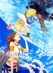  1girl blonde_hair blue_eyes brown_hair closed_eyes final_fantasy final_fantasy_x final_fantasy_x-2 gloves grin habuki jewelry necklace smile symmetry tidus water yuna_(ff10) 