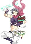  abs black_hair boots chocolate chocolate_heart crop_top fingerless_gloves gloves green_eyes groin heart hyaku_chi jojo_no_kimyou_na_bouken joseph_joestar_(young) male_focus midriff ribbon sketch solo v 