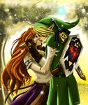  apron blonde_hair blue_eyes blush brown_hair celtic_magician fairy fingerless_gloves gloves hands_on_another's_cheeks hands_on_another's_face hat kiss link long_hair malon master_sword navi older pointy_ears sheath sheathed shield skirt sword the_legend_of_zelda the_legend_of_zelda:_ocarina_of_time very_long_hair waist_apron weapon 
