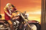  blonde_hair blue_eyes blue_mary eyewear_on_head fatal_fury fur_trim ground_vehicle jacket mark_of_the_wolves motor_vehicle motorcycle official_art open_clothes open_jacket screencap short_hair snk solo sunglasses sunset sweater 