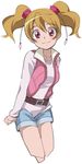  belt brown_hair cropped_legs fresh_precure! haiteku looking_at_viewer momozono_love pink_eyes pink_vest precure short_hair shorts simple_background smile solo twintails vest white_background 