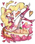  blonde_hair boots cake choker cure_peach dress earrings food fresh_precure! fruit hair_ornament heart heart_hair_ornament itomugi-kun jewelry knee_boots long_hair magical_girl momozono_love object_namesake one_eye_closed peach pink_choker pink_eyes pink_footwear precure smile solo twintails 