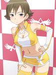  blue_eyes breasts brown_hair chousoku_henkei_gyrozetter cleavage medium_breasts meow_(nekodenki) midriff nanatsu_sei navel race_queen short_hair solo thighhighs 