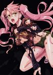  absurdres blood blush breasts cleavage fang glasses hair_ribbon highres highschool_of_the_dead kneeling large_breasts lingerie long_hair navel no_bra open_mouth panties pink_hair ribbon satou_shouji scan short_shorts shorts solo takagi_saya tears torn_clothes twintails underwear yellow_eyes 