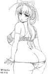  1girl ass astraea13 bra breasts elbow_gloves female from_behind gloves hat highres huge_breasts lace_bra long_hair looking_back monochrome panties panty_pull plump solo touhou underwear wide_hips yakumo_yukari 