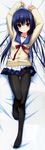  absurdres arms_up black_legwear blue_hair cardigan chikotam crotch_seam dakimakura deliverer! full_body highres huge_filesize knee_up legs mikogami_mikoto panties panties_under_pantyhose pantyhose pink_panties purple_eyes school_uniform skirt solo thigh_gap underwear 