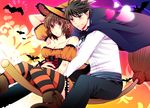  1girl bat black_hair blush brown_hair cape chiaki_shin'ichi couple fang halloween hat hetero himeki_(artist) hug hug_from_behind noda_megumi nodame_cantabile pointy_ears short_hair striped striped_legwear thighhighs vampire witch witch_hat 