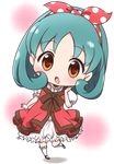  :o blush bow brown_eyes chibi choker dress frills full_body green_hair hair_bow hairband idolmaster idolmaster_million_live! nio-nyan short_hair socks solo standing standing_on_one_leg tokugawa_matsuri 