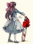  aya_drevis black_hair blood blood_on_face bloody_clothes blue_dress bow chainsaw copyright_name dress english hair_bow half_updo long_hair mad_father mary_janes shoes solo weiv 