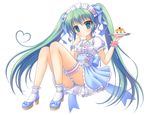  bow dress food frills garters green_eyes green_hair hair_bow hair_ribbon hatsune_miku heart kaiware-san long_hair pancake panties pantyshot pantyshot_(sitting) platform_footwear ribbon simple_background sitting socks solo striped striped_panties twintails underwear very_long_hair vocaloid white_background 