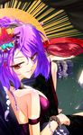  alcohol alternate_costume bare_shoulders breasts cup dress evening_gown hair_ornament highres initial_f large_breasts lips looking_back purple_hair red_eyes rope sakazuki sake shide shimenawa solo touhou yasaka_kanako 