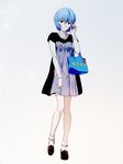  1girl absurdres adjusting_hair ayanami_rei bad bag blue_hair dress gainax handbag highres looking_at_viewer neon_genesis_evangelion red_eyes short_hair smile solo standing white_background 