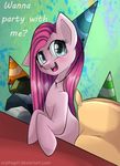  abstract_background blue_eyes blush english_text equine female feral friendship_is_magic fur hair horse looking_at_viewer madame_le_floure_(mlp) mammal my_little_pony open_mouth party_hat pink_fur pink_hair pinkamena_(mlp) pinkie_pie_(mlp) pony rockey_(mlp) rocky_(mlp) scythegirl solo text 