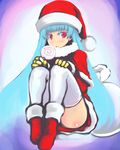  aqua_hair bad_id bad_pixiv_id blush candy capelet eyelashes food gloves hat johan_(johan13) kula_diamond leg_hug lollipop long_hair red_eyes sack santa_costume santa_hat sitting solo swirl_lollipop the_king_of_fighters thighhighs white_legwear 