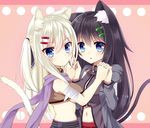  animal_ears bad_id bad_pixiv_id bandages black_hair blue_eyes breasts cat_ears cat_tail hair_ornament hair_ribbon hairclip highres holding_hands interlocked_fingers long_hair looking_at_viewer medium_breasts midriff multiple_girls navel open_mouth original pink_background ribbon scarf tail twintails underboob white_hair yatsuki_yura zipper 