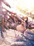  bad_id bad_pixiv_id brown_hair dress dutch_angle floating_hair from_above full_body highres long_hair looking_at_viewer miyanoyori original railing snow standing very_long_hair waving white_dress wind 