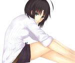  ahoge black_hair blush green_eyes iro_(sekaixiro) kara_no_kyoukai ryougi_shiki short_hair short_shorts shorts simple_background sitting sleeves_rolled_up smile solo sweater 