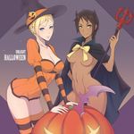  2girls blonde_hair breasts cleavage dark_skin halloween hat large_breasts multiple_girls pumpkin vasily_(run211) witch_hat 